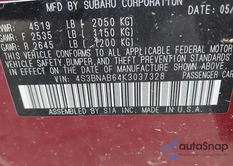 2019 Subaru Legacy 2.5I z USA, uszkodzony, nr VIN 4S3BNAB64K3037328